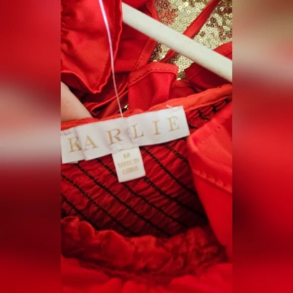 KARLIE Satin Ruffle Smock Dress in Red. Size  M NWOT - Picture 11 of 14